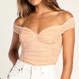 NWT Lulus brand pink mesh ruched bodysuit in a size small.